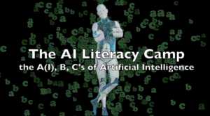 The AI Literacy Camp in writing over a picture of a standing robot